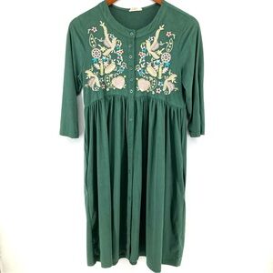 Hidden Valley Green Velvet Embroidered Button Up Midi Dress